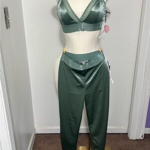 Green Satin Bralette and High-Waist Pants Set
